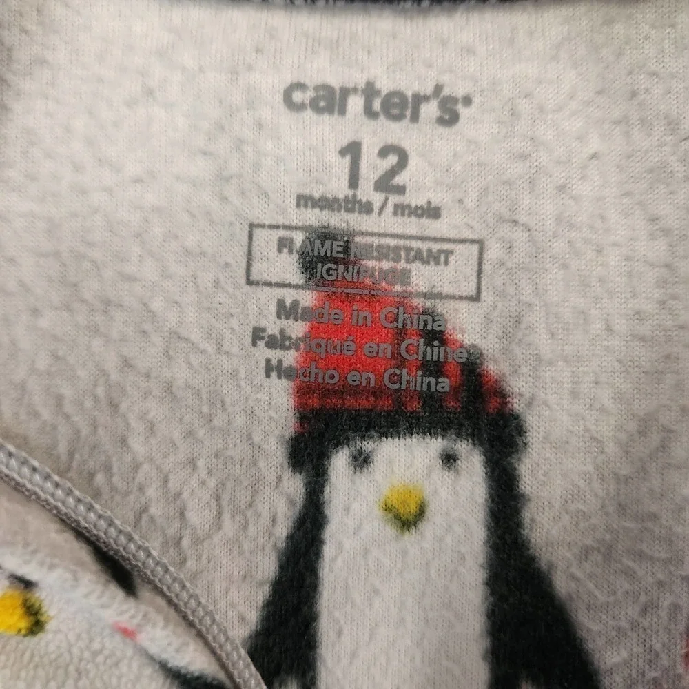 Carter's Penguin One Piece Sleeper Feet Baby Size 12 Months Gray With Black Trim